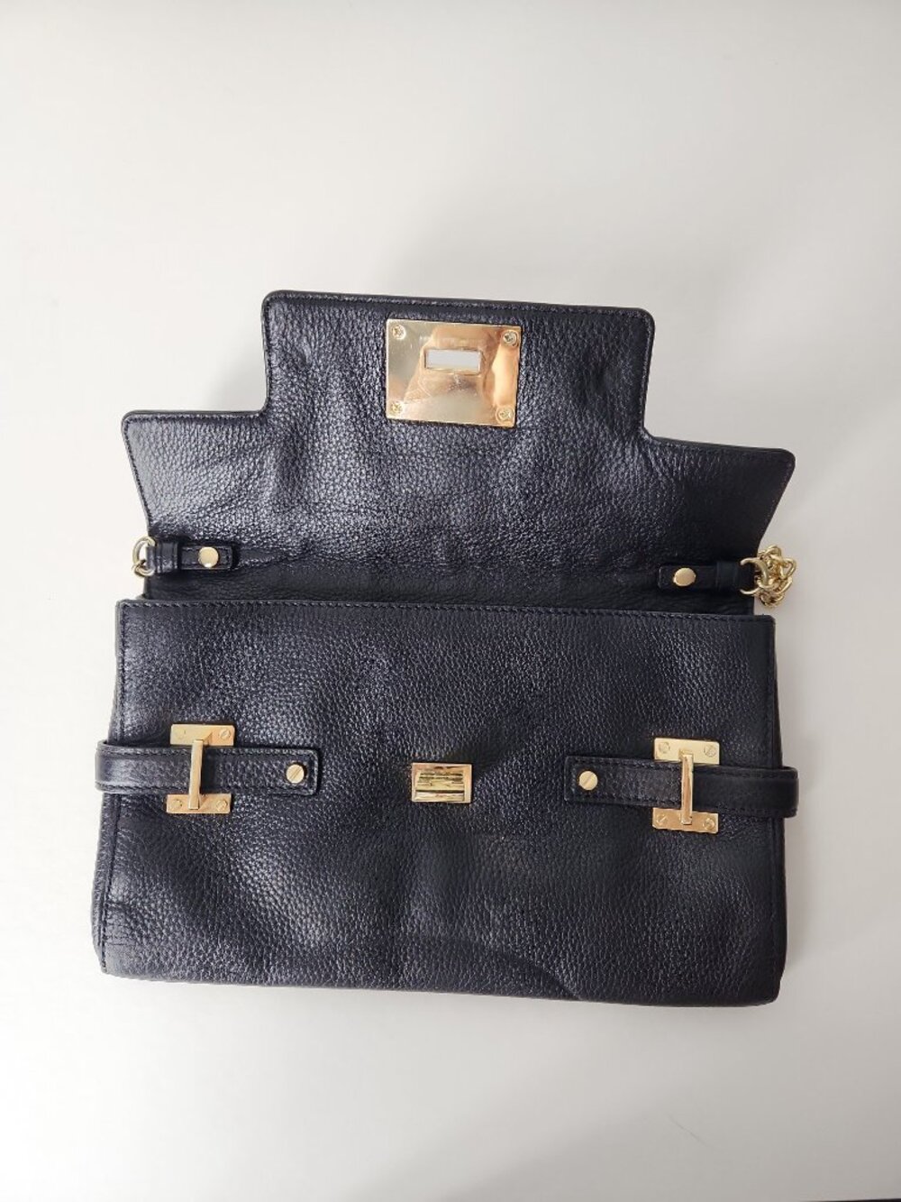 Michael Kors Astrid black pebbled leather clutch bag gold chain shoulder strap - Picture 6 of 14